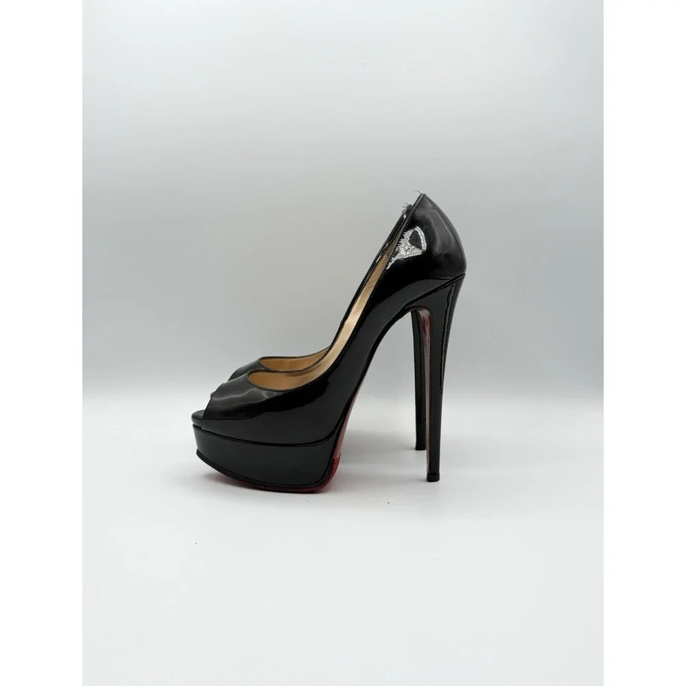 Christian Louboutin Black Patent Leather Lady Peep 150 Platform Heels Size EU 37